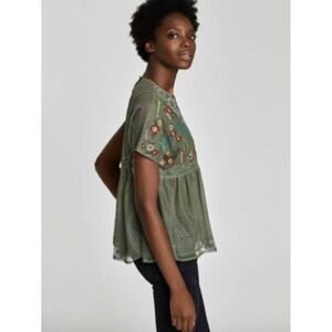 Zara Green Lace Embroidered Babydoll Top Sheer Short Sleeve Womens XS
